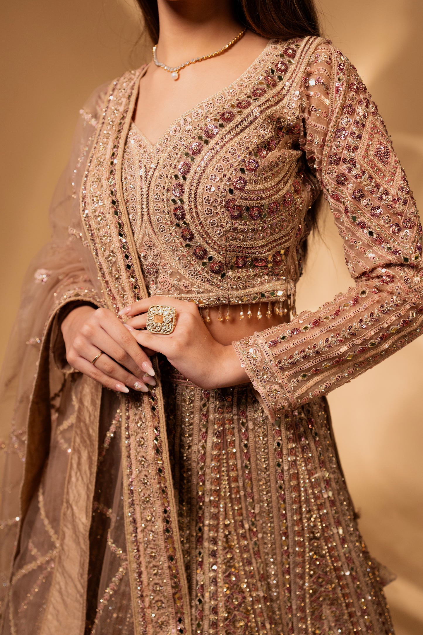 Champagne Gold Mirror-Work Embroidered Bridal Lehenga Choli