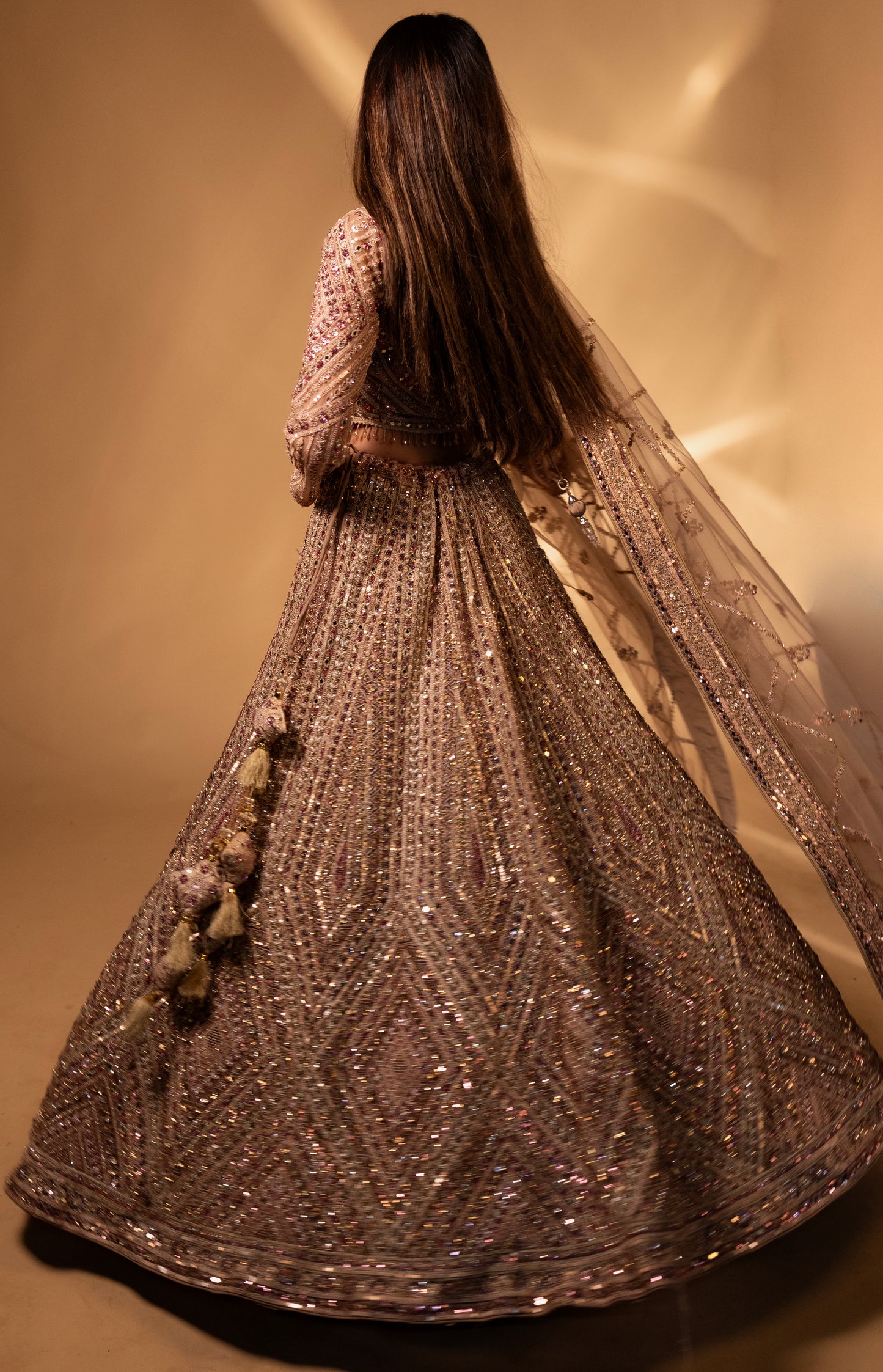 Champagne Gold Mirror-Work Embroidered Bridal Lehenga Choli