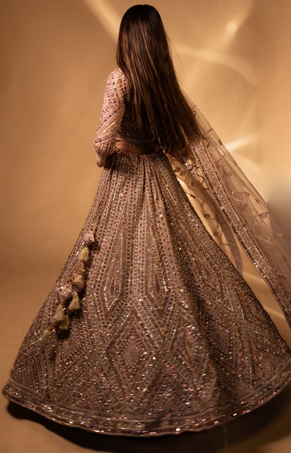 Champagne Gold Mirror-Work Embroidered Bridal Lehenga Choli