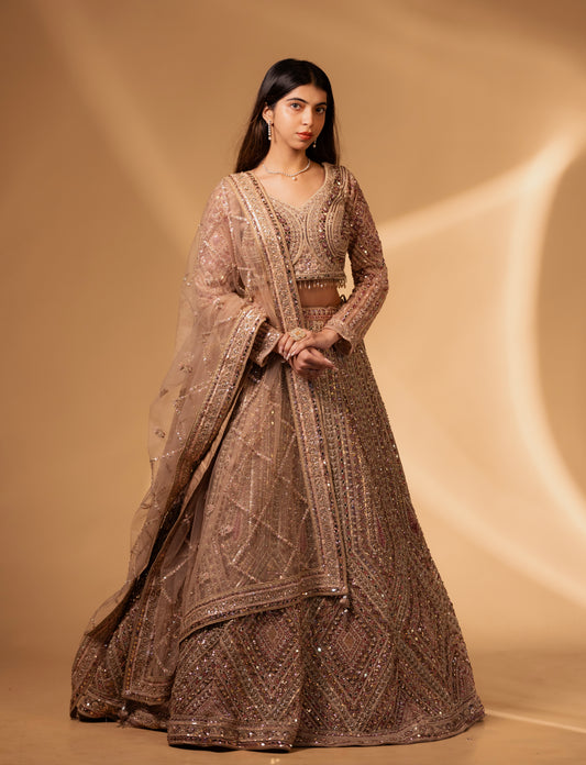 Champagne Gold Mirror-Work Embroidered Bridal Lehenga Choli