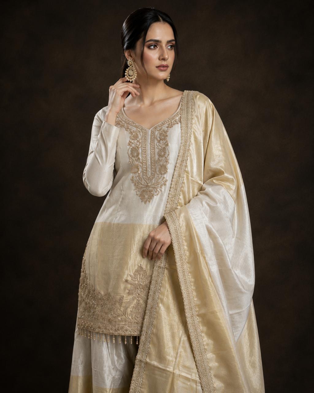 Champagne Gold Tissue Silk Embroidered Kurti Palazzo Set