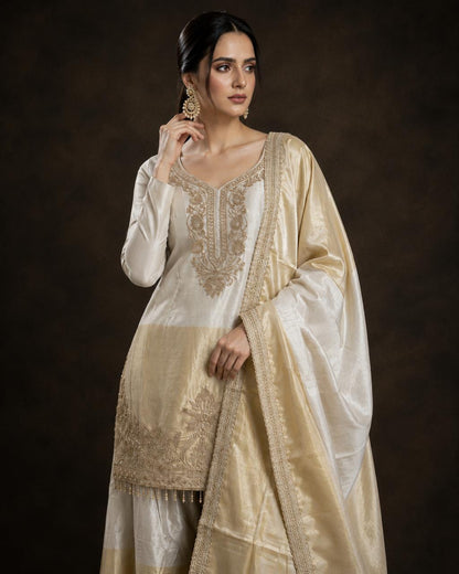 Champagne Gold Tissue Silk Embroidered Kurti Palazzo Set