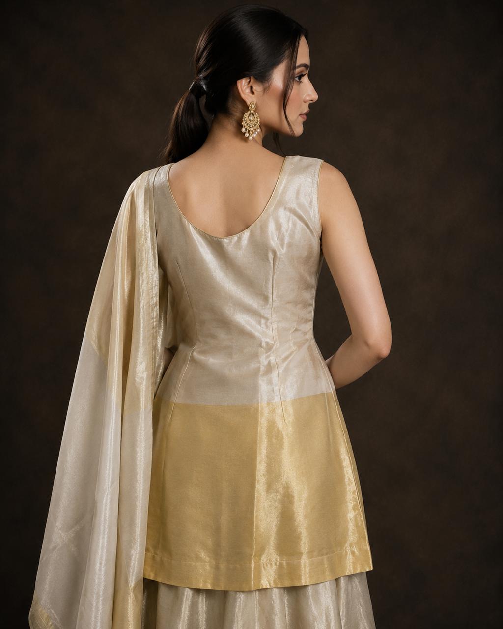 Champagne Gold Tissue Silk Embroidered Kurti Palazzo Set