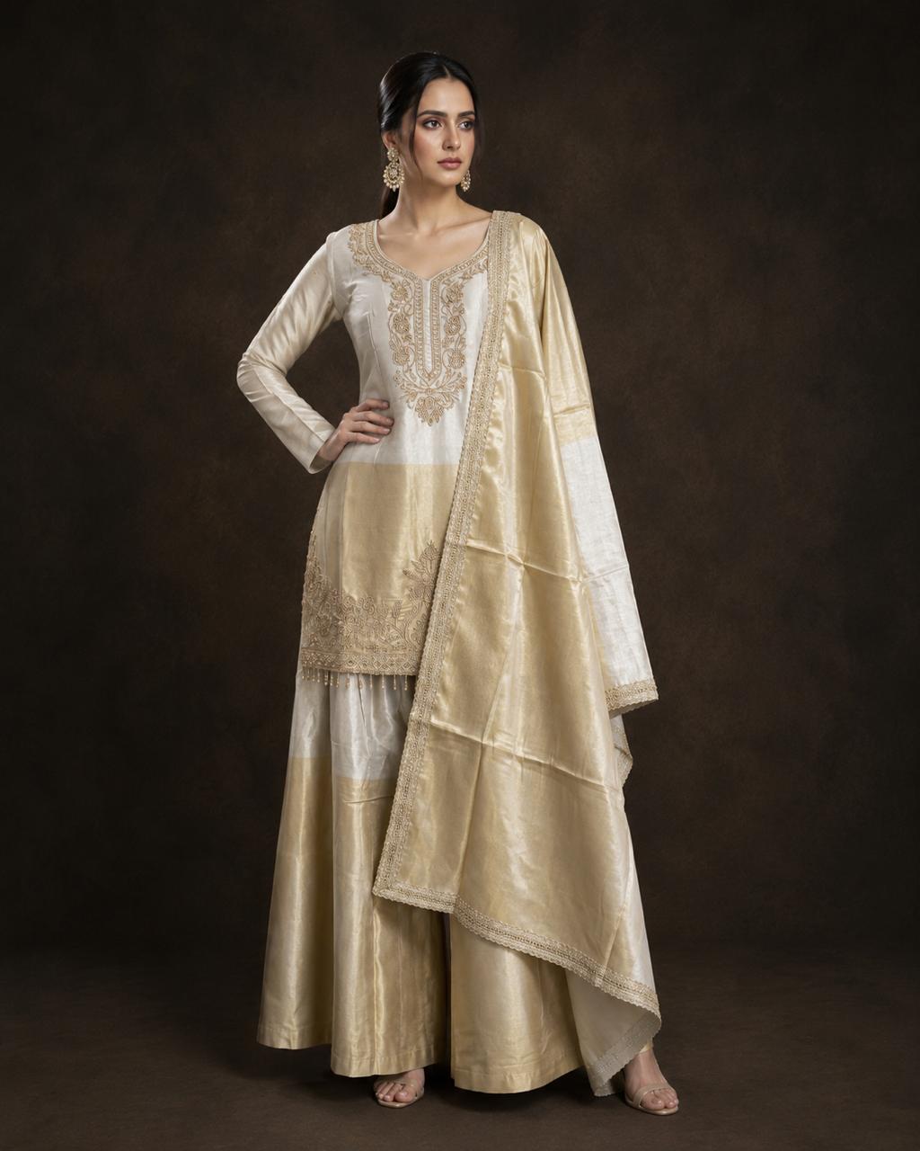 Champagne Gold Tissue Silk Embroidered Kurti Palazzo Set