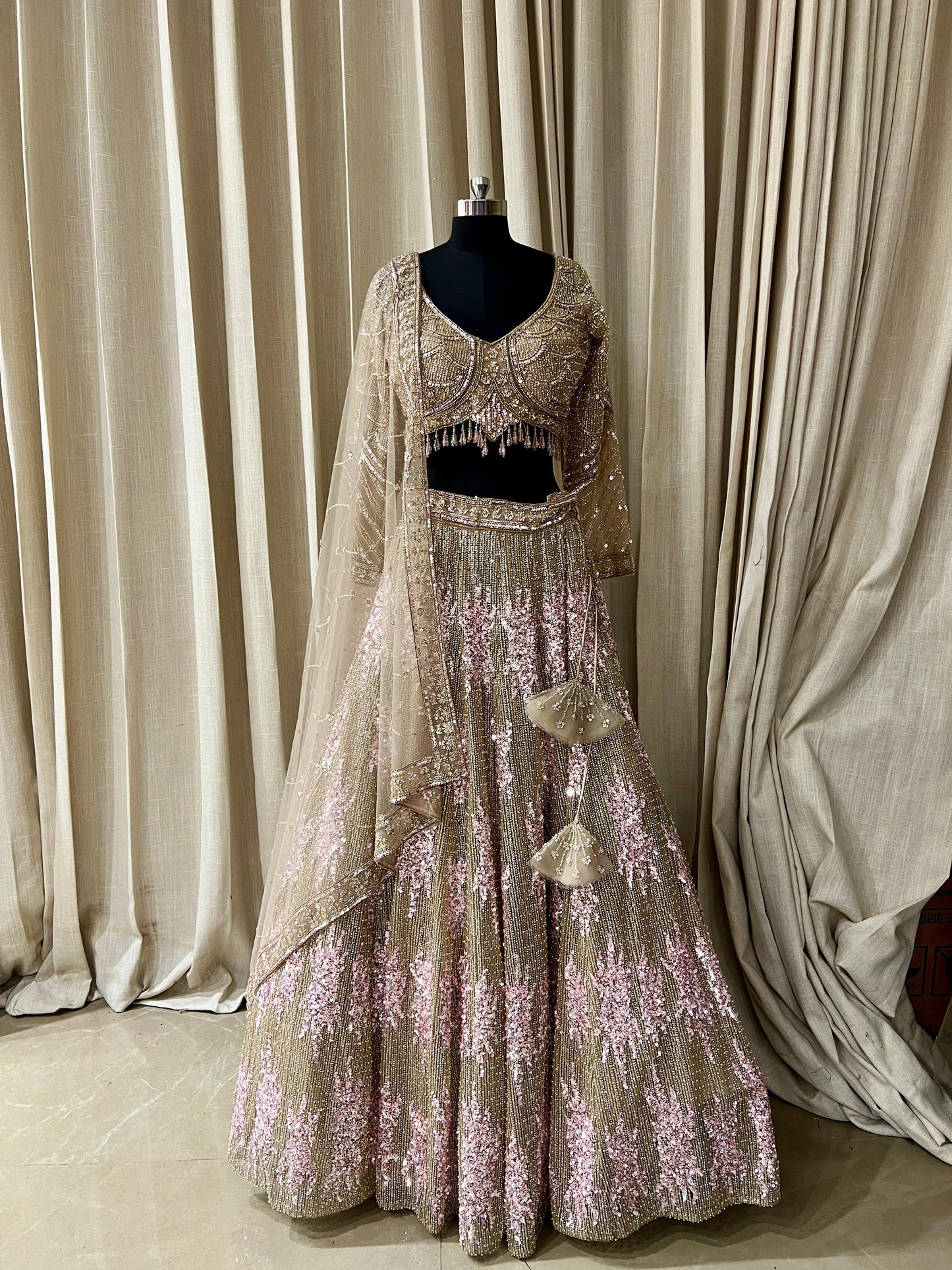 Champagne Gold and Baby Pink Sequin Embroidered Bridal Lehenga Choli