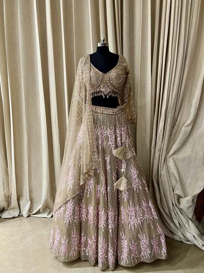 Champagne Gold and Baby Pink Sequin Embroidered Bridal Lehenga Choli