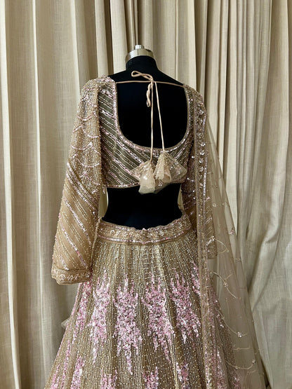 Champagne Gold and Baby Pink Sequin Embroidered Bridal Lehenga Choli