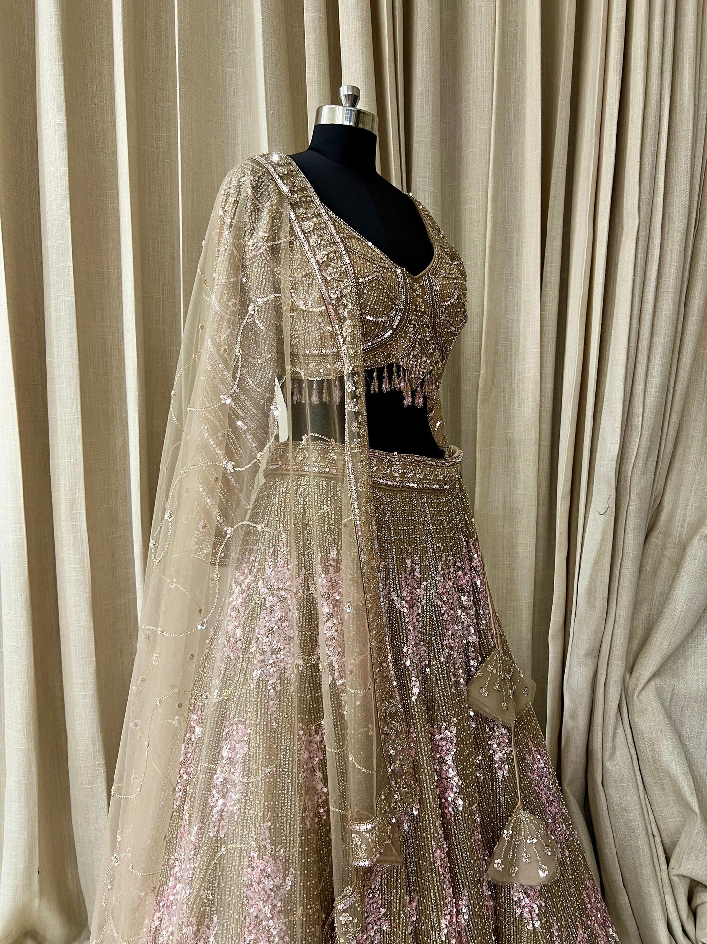 Champagne Gold and Baby Pink Sequin Embroidered Bridal Lehenga Choli