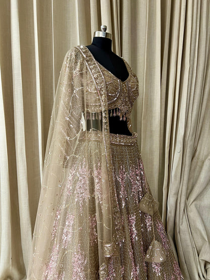 Champagne Gold and Baby Pink Sequin Embroidered Bridal Lehenga Choli