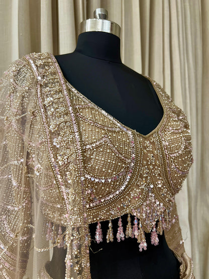 Champagne Gold and Baby Pink Sequin Embroidered Bridal Lehenga Choli