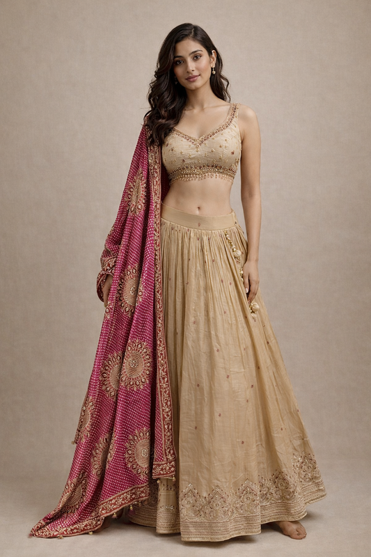 Champagne Gold and Rani Pink Embroidered Lehenga Choli with Dupatta