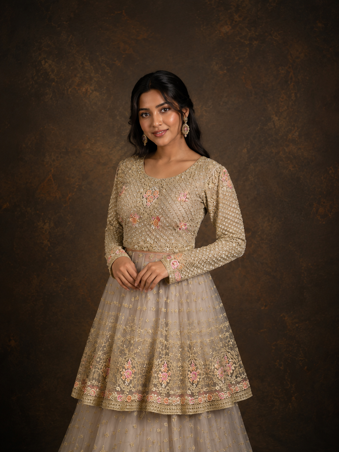 Champagne Grey Embroidered Peplum Lehenga Set