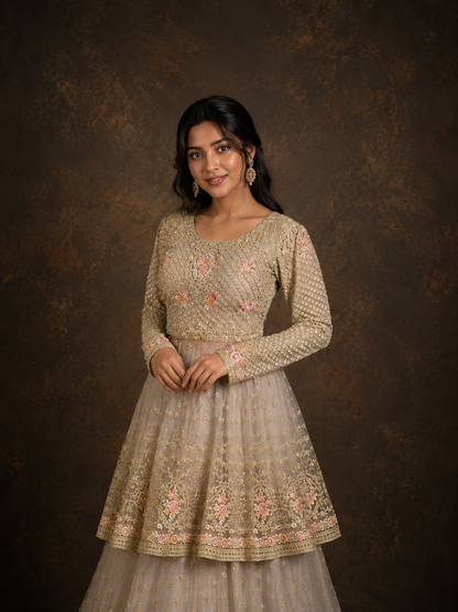 Champagne Grey Embroidered Peplum Lehenga Set