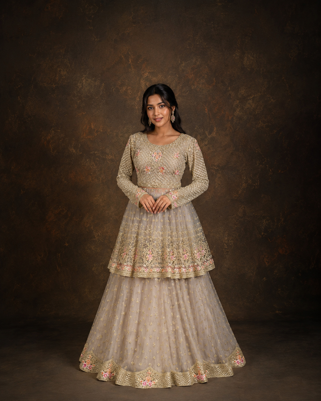 Champagne Grey Embroidered Peplum Lehenga Set