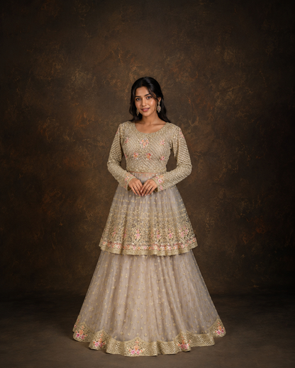 Champagne Grey Embroidered Peplum Lehenga Set
