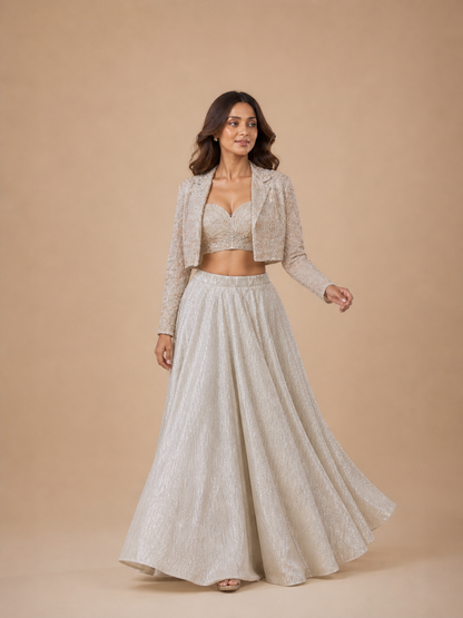 Champagne Ivory Embroidered Jacket Style Lehenga Set with Sequin Work