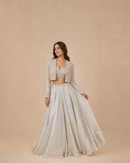 Champagne Ivory Embroidered Jacket Style Lehenga Set with Sequin Work