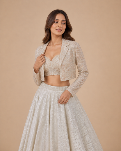 Champagne Ivory Embroidered Jacket Style Lehenga Set with Sequin Work