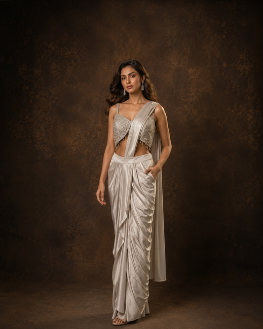 Champagne Silver Designer Pre Draped Saree with Hand Embroidered Bustier Blouse