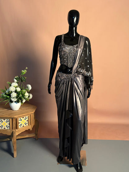 Charcoal Black Draped Indo-Western Saree Gown with Hand Embroidered Corset