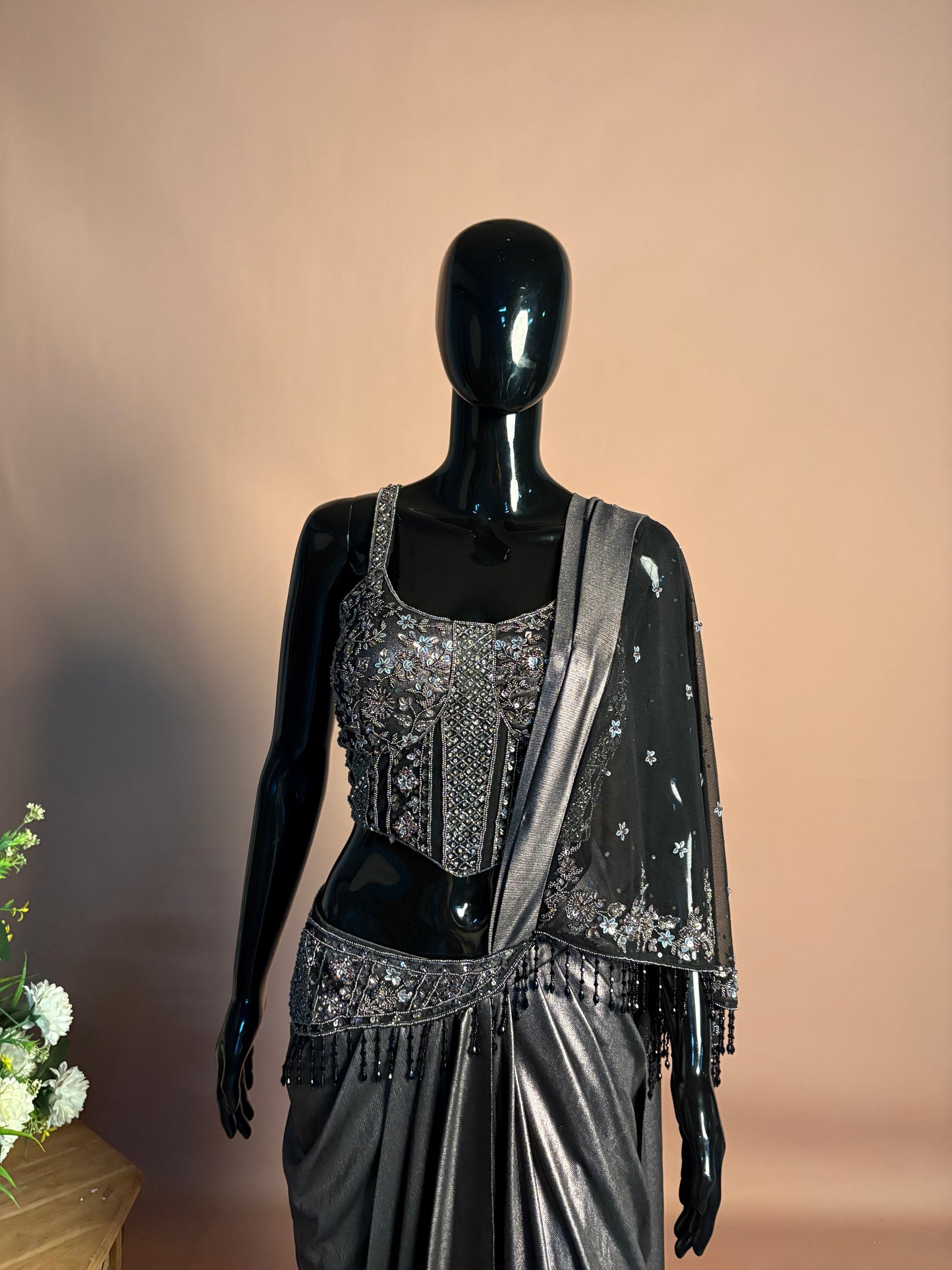 Charcoal Black Draped Indo-Western Saree Gown with Hand Embroidered Corset