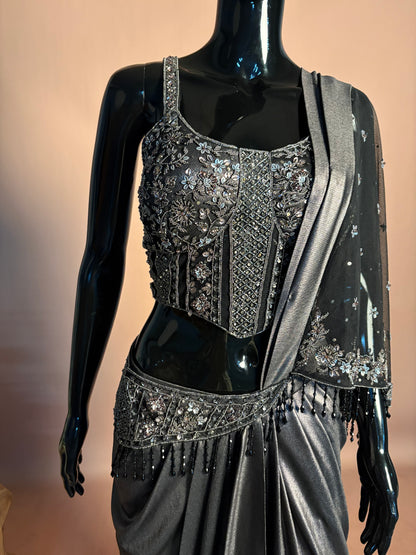 Charcoal Black Draped Indo-Western Saree Gown with Hand Embroidered Corset