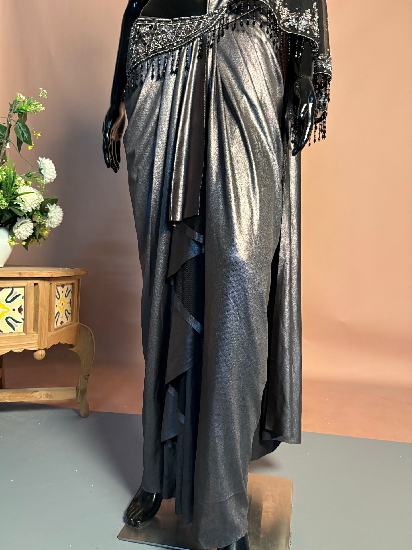 Charcoal Black Draped Indo-Western Saree Gown with Hand Embroidered Corset