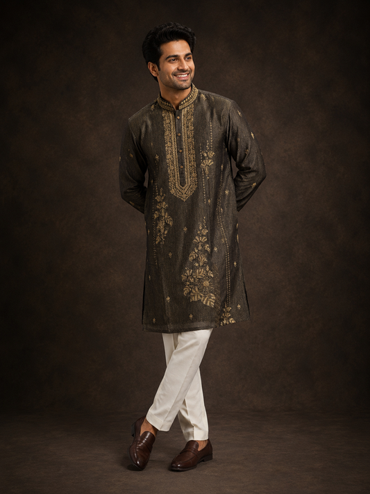 Charcoal Black Embroidered Kurta for Men with Floral Motif and Antique Gold Print