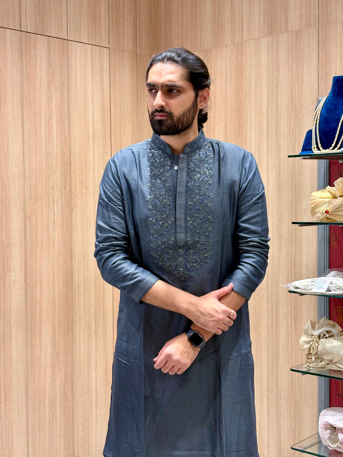 Charcoal Grey Designer Kurta with Embroidery
