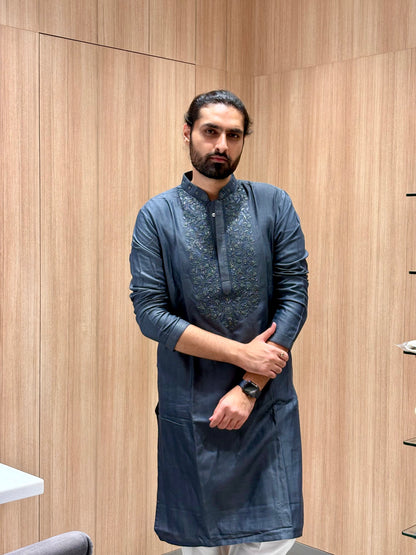 Charcoal Grey Designer Kurta with Embroidery