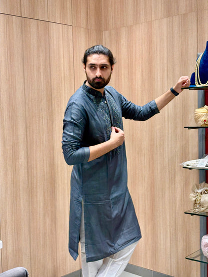 Charcoal Grey Designer Kurta with Embroidery