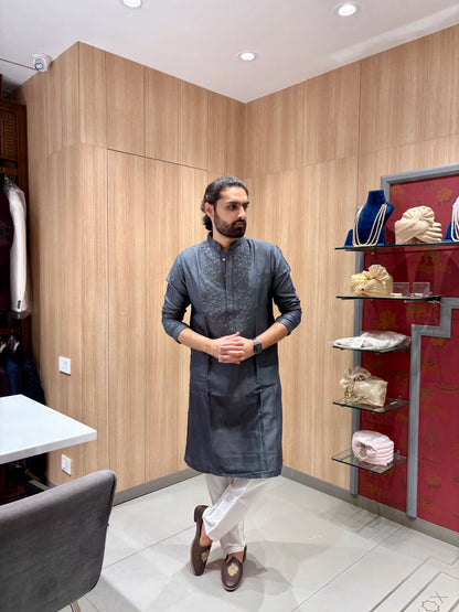 Charcoal Grey Designer Kurta with Embroidery
