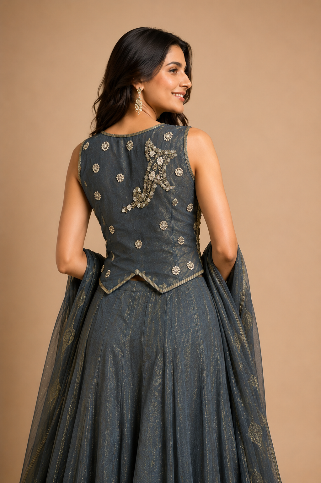 Charcoal Grey Hand Embroidered Indo Western Palazzo Set