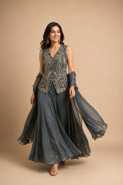 Charcoal Grey Hand Embroidered Indo Western Palazzo Set