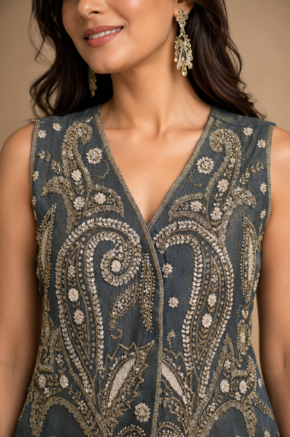 Charcoal Grey Hand Embroidered Indo Western Palazzo Set