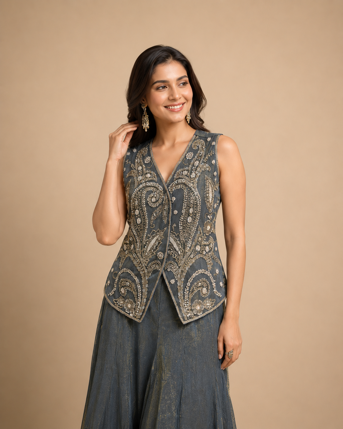 Charcoal Grey Hand Embroidered Indo Western Palazzo Set