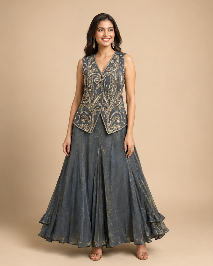 Charcoal Grey Hand Embroidered Indo Western Palazzo Set