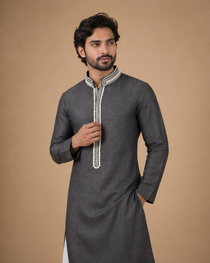Charcoal Grey Linen Kurta for Men with Minimal Embroidered Placket