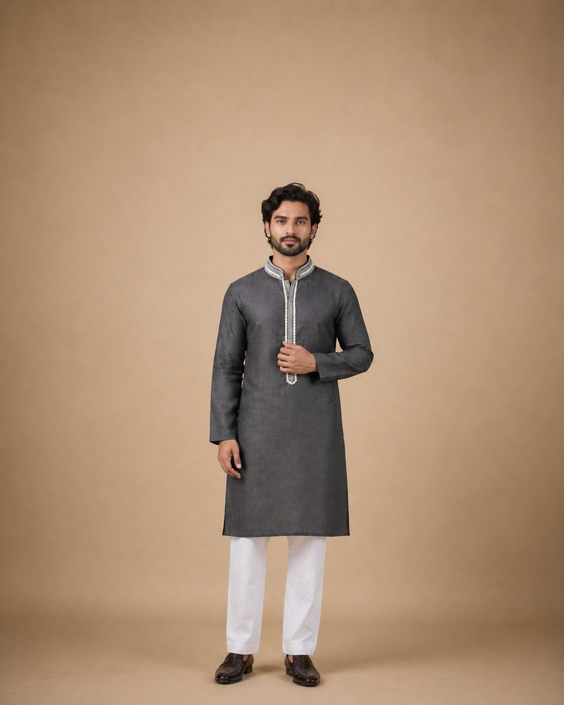 Charcoal Grey Linen Kurta for Men with Minimal Embroidered Placket