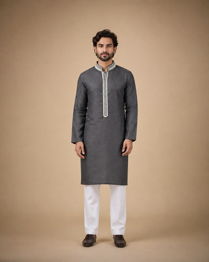 Charcoal Grey Linen Kurta for Men with Minimal Embroidered Placket