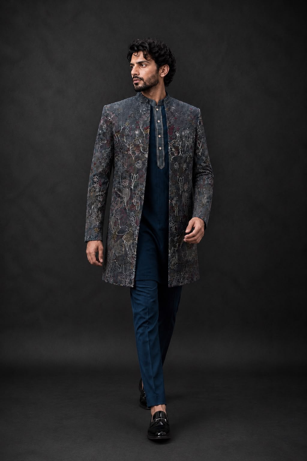 Charcoal Grey Printed Indo Western with Abstract Floral Motifs and Mandarin Collar