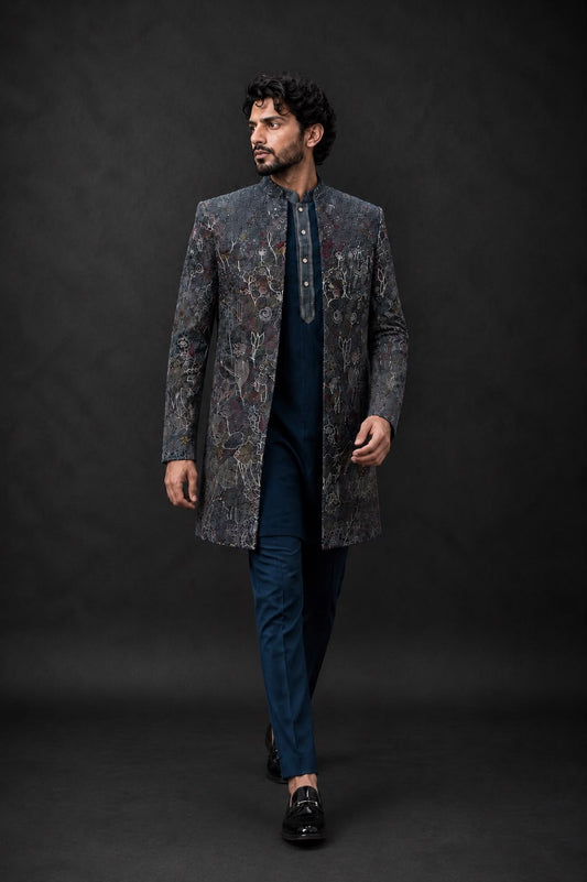 Charcoal Grey Printed Indo Western with Abstract Floral Motifs and Mandarin Collar