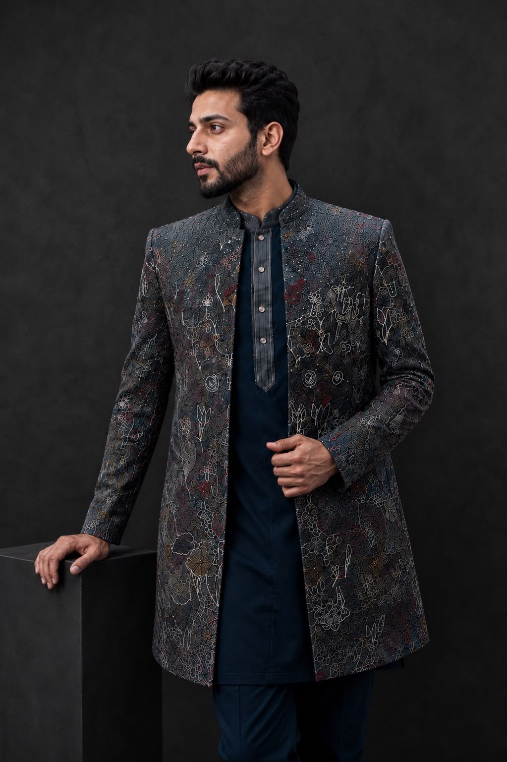 Charcoal Grey Printed Indo Western with Abstract Floral Motifs and Mandarin Collar