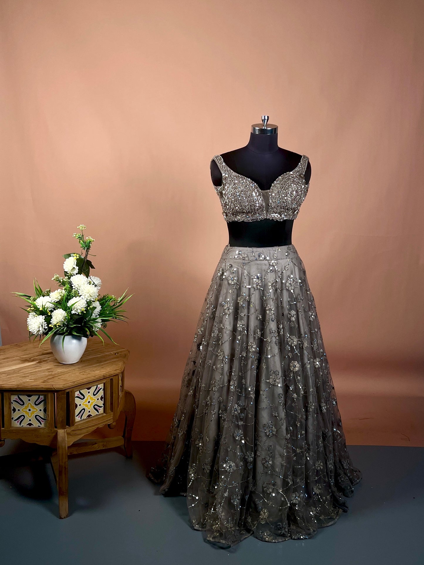 Charcoal Grey Sequin Embellished Net Lehenga Set