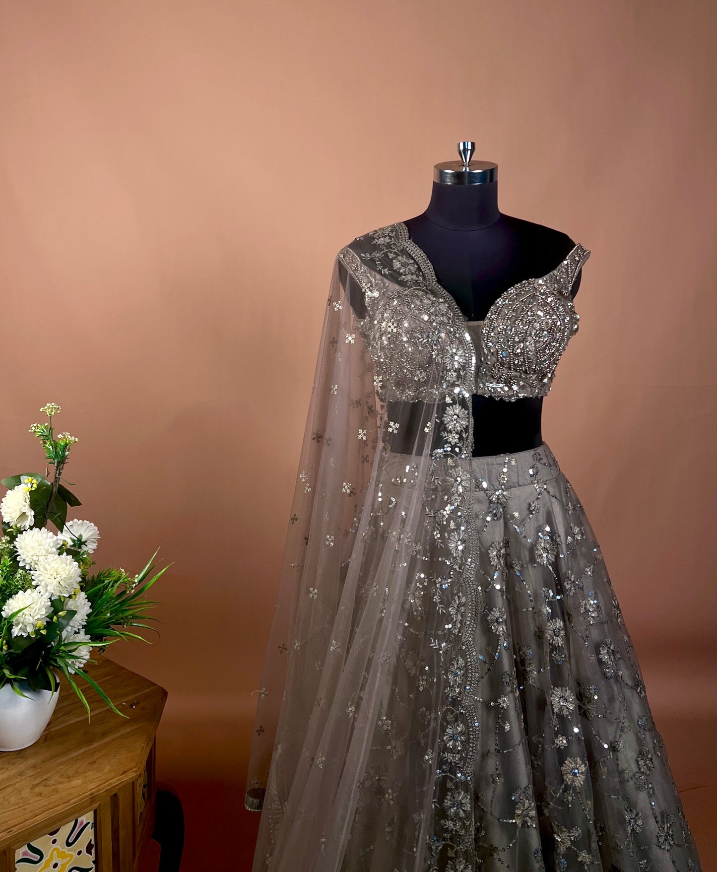 Charcoal Grey Sequin Embellished Net Lehenga Set