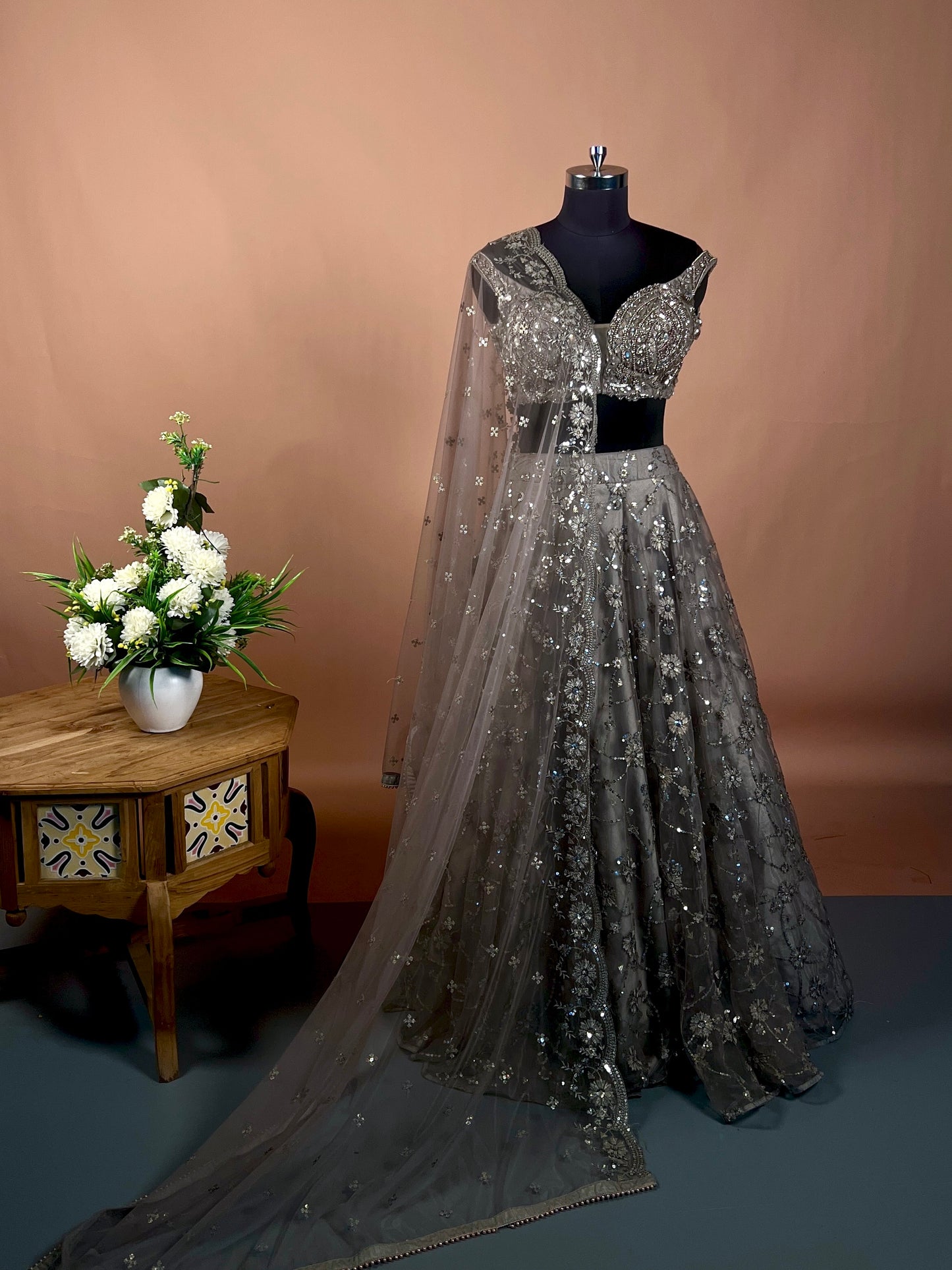 Charcoal Grey Sequin Embellished Net Lehenga Set