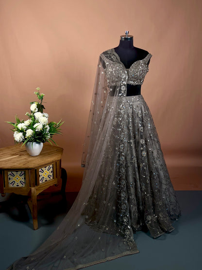 Charcoal Grey Sequin Embellished Net Lehenga Set