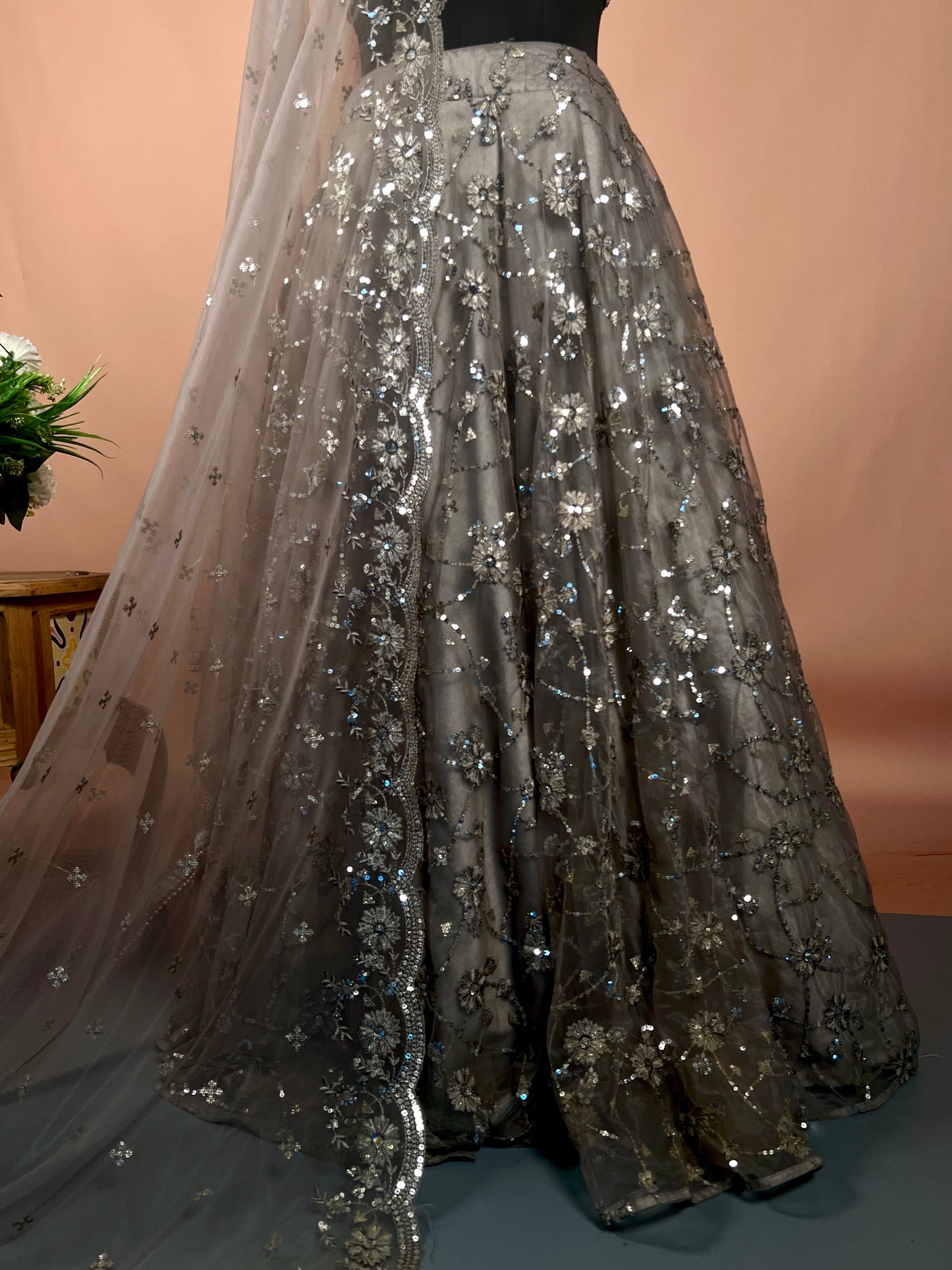 Charcoal Grey Sequin Embellished Net Lehenga Set