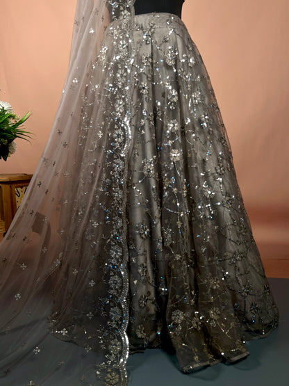 Charcoal Grey Sequin Embellished Net Lehenga Set