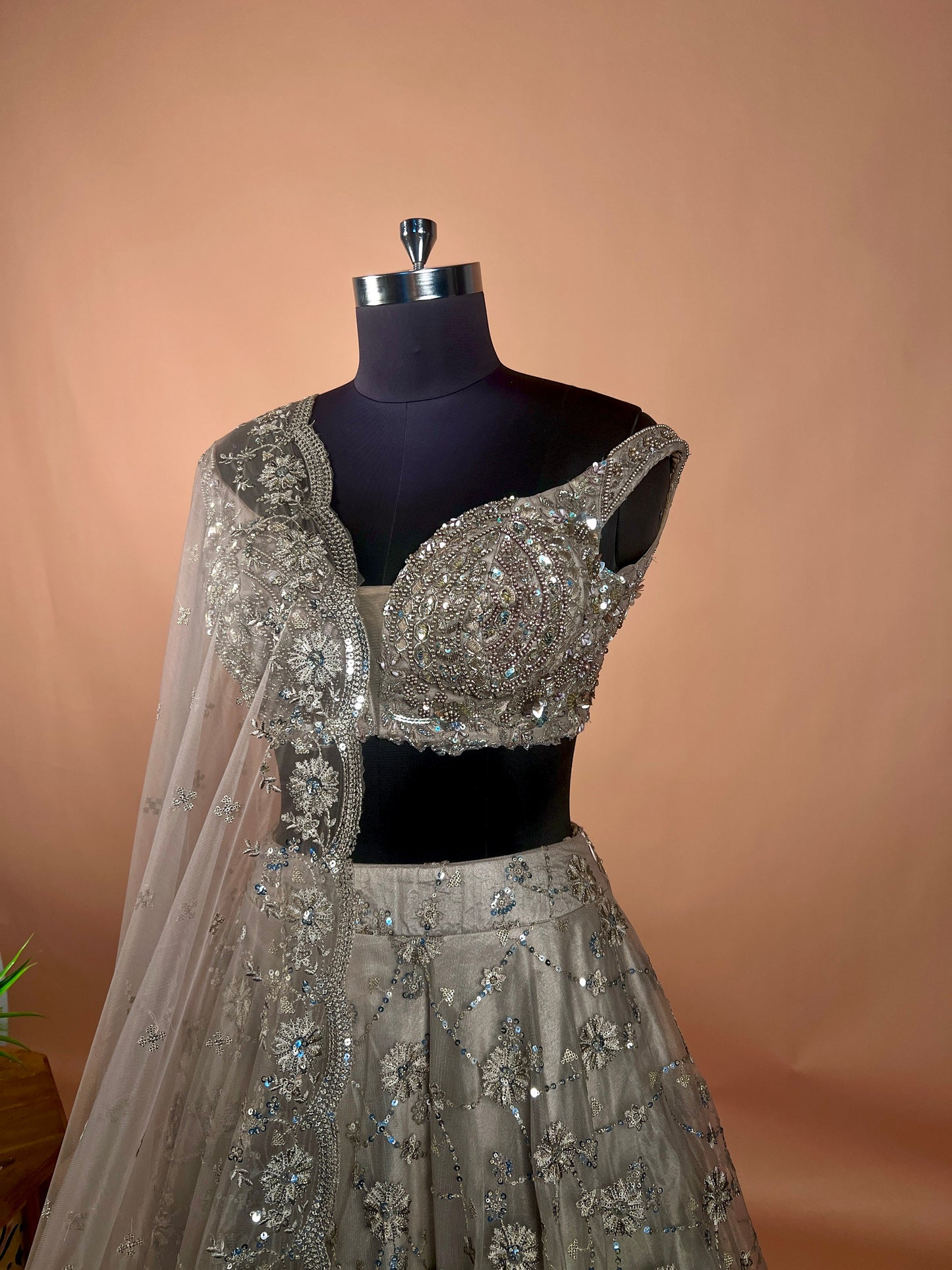 Charcoal Grey Sequin Embellished Net Lehenga Set